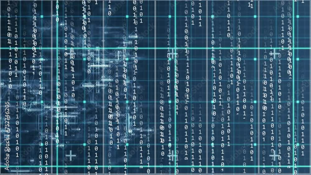 Poster animation of binary data processing and network of connections over grid on dark background