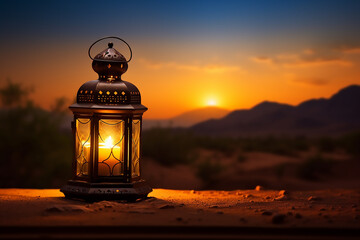 Lantern lights in the desert at night have a Ramadan vibe with generative ai - obrazy, fototapety, plakaty