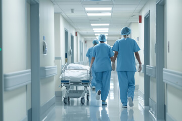 Obraz premium Hospital corridor with doctors and nurses pushing a gurney 