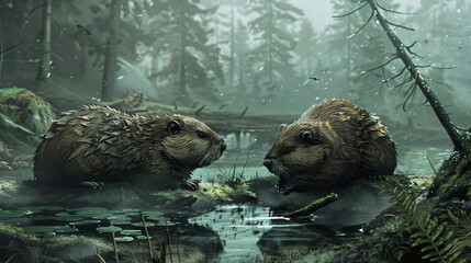 Illustration of the two beavers - obrazy, fototapety, plakaty