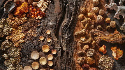 An intricate detailed closeup of a tree trunk showcasing the diverse array of plantbased medicines that can be extracted from different parts of nature.