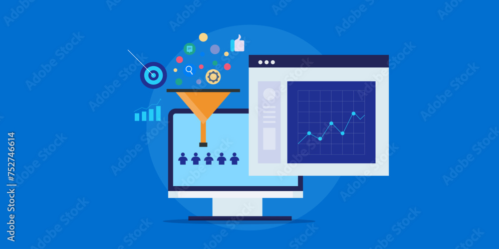 Poster conversion data on dashboard screen, sales funnel optimization, online audience targeting and custom