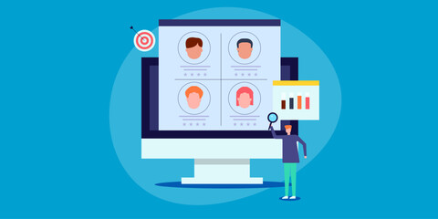 Business people using analytical software to understand customer data, brand loyalty and creating buyer persona profile in a competitive market segment, vector illustration concept.