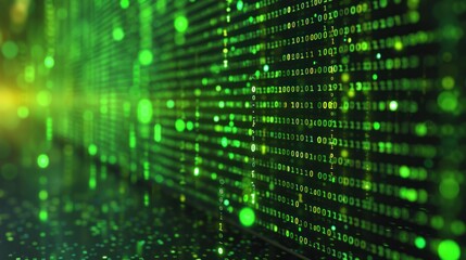 A digital matrix with cascading binary code in green on a black background