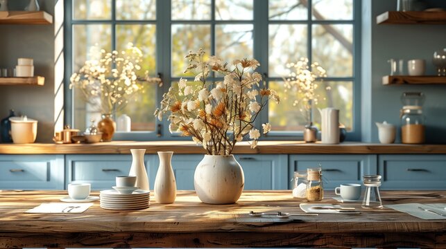 Delicate vases adorn the tall windows. placed on a white wooden table A framed picture of a snowy landscape serves as the background.