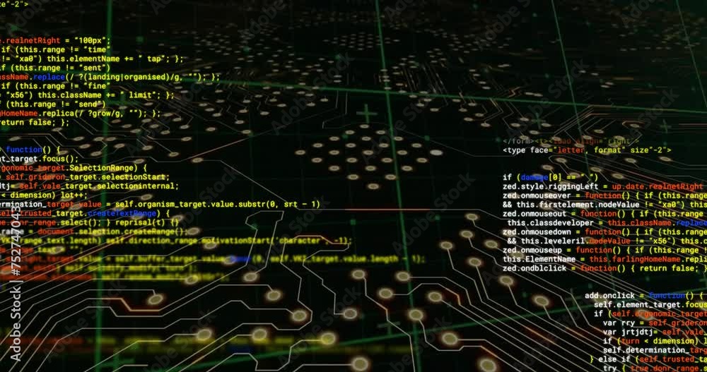 Poster Animation of colourful text data processing over circuit board network on black background