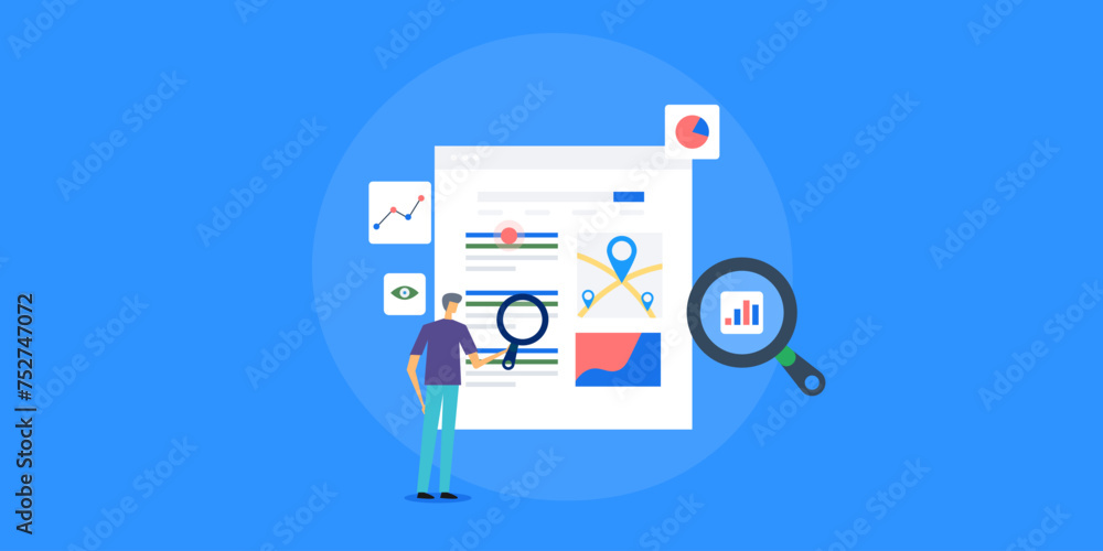 Poster businessman examine web analytics seo report on dashboard, optimization monitoring, search ranking p