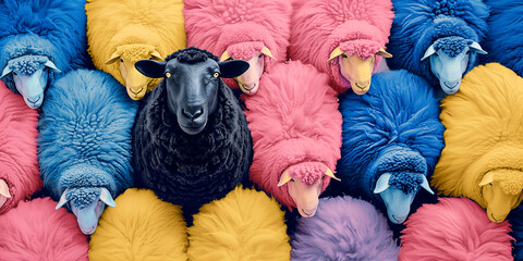The blak sheep on colorful background. An optimistic concept. - obrazy, fototapety, plakaty