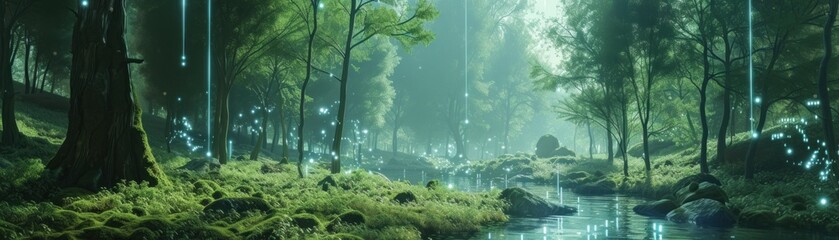 A serene technology-inspired landscape, combining nature with digital elements.
