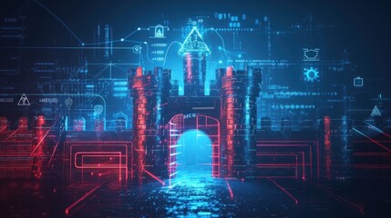 A visual metaphor for cybersecurity, featuring a digital fortress with barriers protecting against malware and hacker symbol