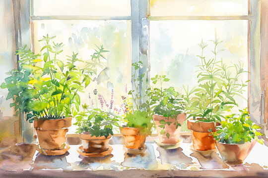 Kitchen herbs garden . Watercolor horizontal illustration. Plants in pot