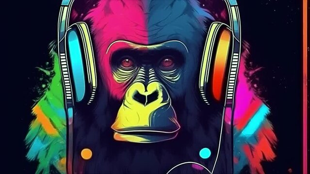 Animation colored gorilla wearing headphones. Cartoon anime style. Video background for music