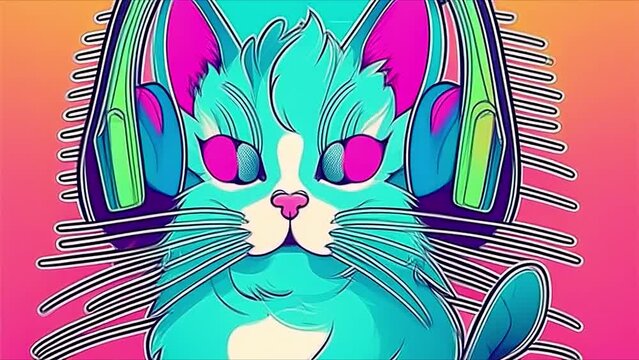 Animation of a colored cat wearing headphones. Cartoon anime style. Video background for music