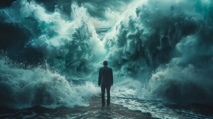 Fototapeta premium 大波とビジネスマン,Generative AI AI画像