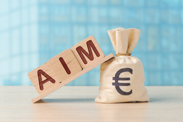 Wooden blocks labelled Aim rest on a money bag with the euro symbol. Symbolises financial help and support and the achievement of financial results - 752747692