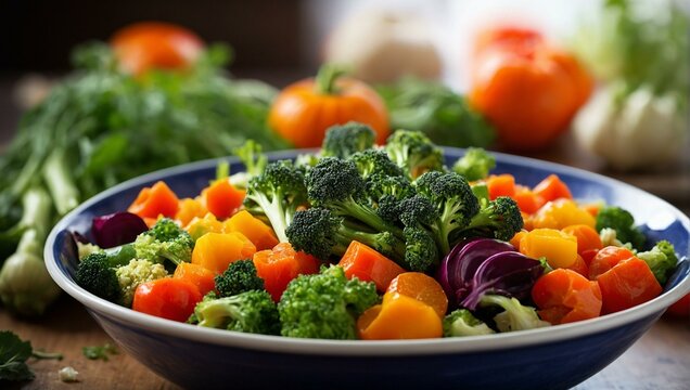 A vibrant, colorful image depicting a healthy bowl of fresh mixed vegetables, emphasizing a balanced diet and nutrition