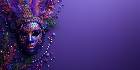 A vibrant Mardi Gras mask with purple feathers, ornate gold detailing, and decorative beads set...