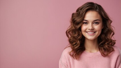 Fototapeta premium Radiant young woman with curly hair smiling against a soft pink background, embodying freshness and youth