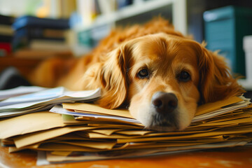 dog in an office, overwhelmed by a mountains of paperwork. Neural network generated in January 2024. Not based on any actual scene or pattern.