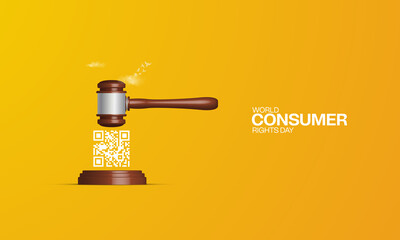 World Consumer Rights Day, Judge hummer whit QR cod, consumer right day creative design for social media banner, poster, vector illustration. - obrazy, fototapety, plakaty
