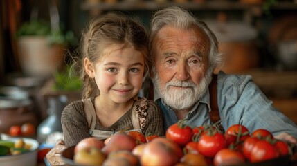 Fototapeta premium kitchen in morning, photo of child and an old man, preparing food, kitchen routine, close up, in the style of light photo-realistic, in home filled by light