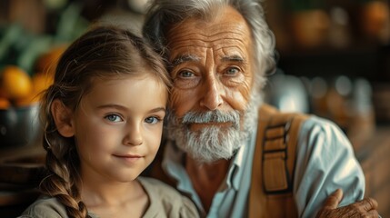 young girl with a grandfather holding his hand, in the style of natural tones, modern kitchen, in home filled by light