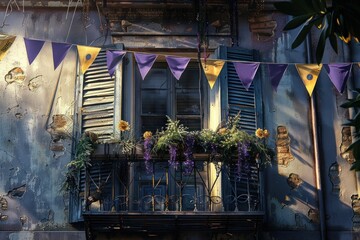 Ornate balcony with flowers and festive bunting in the French Quarter. - obrazy, fototapety, plakaty
