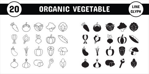 Organic Vegetable Line Glyph Vector Illustration Icon Sticker Set Design Materials