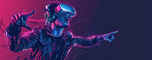 An illustration of a cool young creative person wearing a virtual reality headset VR goggles playing games, entertainment. Digital technology metaverse of the future. Banner  format. Generative AI - obrazy, fototapety, plakaty