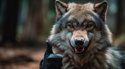 Portrait of friendly wolf making thumbs up.