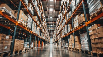 Warehouse of modern logistics with rows of tall shelves full of boxes and products,Huge distribution warehouse.Generative Ai. Pro Photo - obrazy, fototapety, plakaty