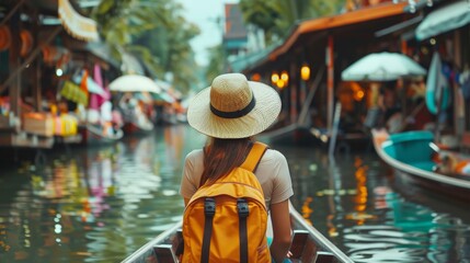 back view of a female tourist backpacker sitting on a boat in an asian market