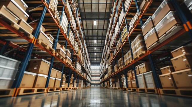 Warehouse of modern logistics with rows of tall shelves full of boxes and products,Huge distribution warehouse.Generative Ai. Pro Photo