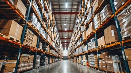 Fototapeta premium Warehouse of modern logistics with rows of tall shelves full of boxes and products,Huge distribution warehouse.Generative Ai. Pro Photo
