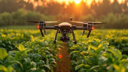 Innovative agricultural scene, drones monitoring crops, smart farming techniques, vibrant greenery - obrazy, fototapety, plakaty