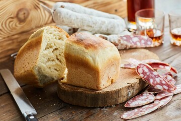 Men's hands slice freshly baked white bread. Next to it is a sliced sausage with white mold, elite varieties. Meat production