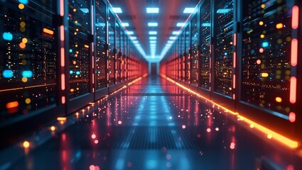 Sophisticated data center, servers glowing, hub of digital transformation, secure and vast