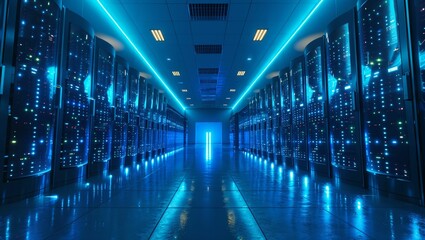 Fototapeta premium Sophisticated data center, servers glowing, hub of digital transformation, secure and vast