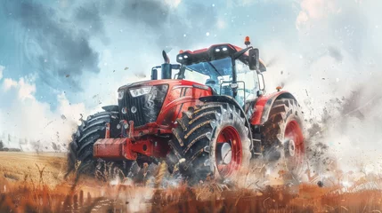 Deurstickers A charming watercolor illustration capturing the essence of a rustic tractor in idyllic countryside scenery  © cristian