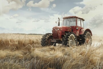 Fototapeta premium A charming watercolor illustration capturing the essence of a rustic tractor in idyllic countryside scenery 