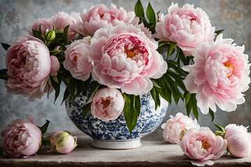 Alluring Peony Showcase: Soft Pink and White Blossoms with Delicate Ruffles