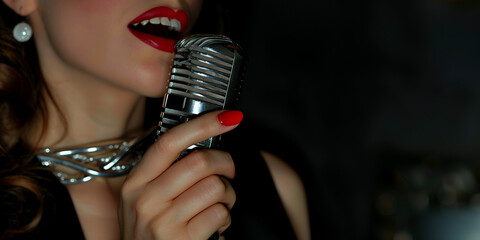 Close-up of a female singer with red lipstick and nails holding a vintage microphone.