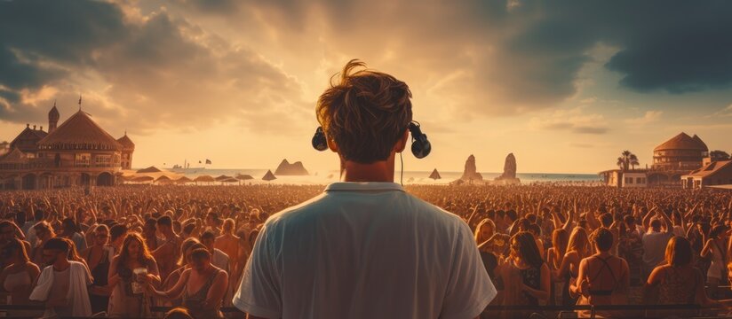 beach party DJ festival portrait with crowd of people in the background