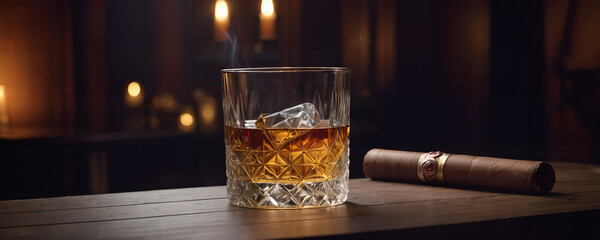 A glass of whiskey with ice and a Cuban cigar on a wooden table on a dark background. Men's club banner idea. 