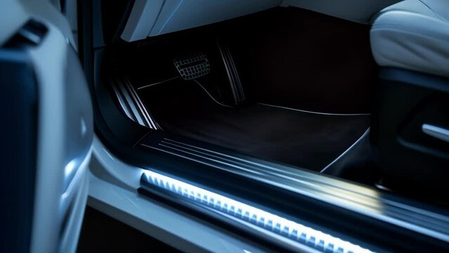 An angled shot of a car door being od highlighting the brushed aluminum door sill with LED lights in white creating a cly and upscale feel to the vehicles interior.