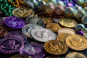 A vibrant collection of Mardi Gras doubloons and colorful beads.