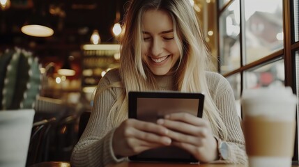 attractive happy woman smiling while use tablet at cafe, online lifestyle, Generative Ai - 752750254