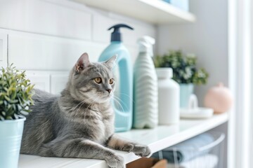 Gray cat sitting beside pet-safe floor cleaners on a bright windowsill. Spring cleaning concept.