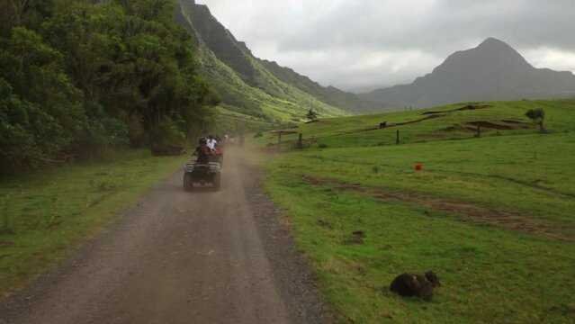 Steady cam behind 4-wheelers on Hawaiian dirt road