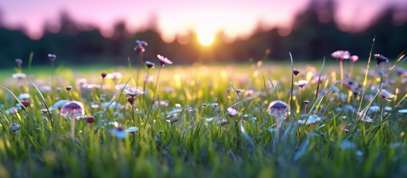 Meadow with many white spring daisies with late afternoon sun light